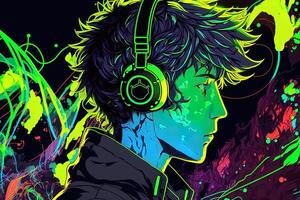 generativo ai un neón jugador anime Moda chico o hombre vistiendo auriculares, perdido en su música. resumen antecedentes ese evoca el sensación de diferente géneros de música. bandera música concepto foto