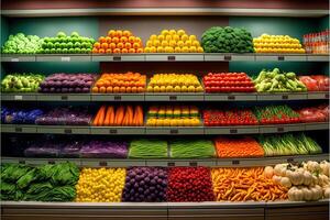 Vegetable farmer market counter colorful various fresh organic healthy vegetables at grocery store. Healthy natural food concept. photo