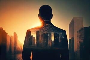 The double exposure image of the business man standing back overlay with cityscape image. The concept of modern life, business, city life and internet of things. photo