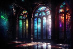 Palace interior with high stained-glass windows made of multicolored glass, an old majestic hall, sun rays through the windows. Dark fantasy interior. photo