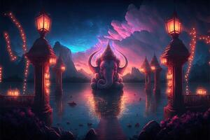 There are many galactic stars in the night sky of a huge massive GANESHA statue, with red lanterns rising in the sky, crowds watching the lantern festival. Ganesha Festival. photo