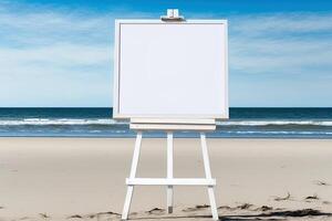 White blank artist frame on a small wooden easel on summer sea beach background with copy space. Advertising mockup artboard for pictures or artwork. Painting frame template banner. photo