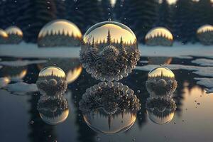 Christmas white decorations on snow with fir tree branches. Winter Decoration Background. Focus of tiny liquid mirror balls falling from the sky , each containing a tiny perfect city inside photo