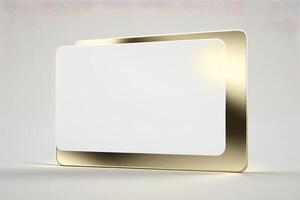 a white card for mockup, horizontal rectangular with rounded corner shapes, front view, stunning light, studio light, reflexion of hundred fine lines of gold reflection, white background photo