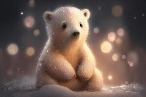 linda polar oso bebé dibujos animados de ensueño en nieve, invierno, generativo ai. animal y paisaje concepto. foto