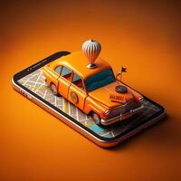 Online mobile application taxi ordering service , Orange taxi car driving along the route to the marker on a smart phone, on a city map. Car and satellite navigation systems concept. photo