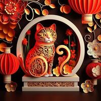 Paper cut quilling multidimensional chinese style cute zodiac cat with lanterns, blossom peach flower in background, chinese new year. Lunar new year 2023 concept. photo