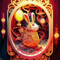 Paper cut quilling multidimensional chinese style cute zodiac rabbit with lanterns, blossom peach flower in background, chinese new year. Lunar new year 2023 concept photo