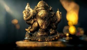 focus on statue of Lord Ganesha, Ganesha Festival. Hindu religion and Indian celebration of Diwali festival concept on dark, red, yellow background and bokeh around photo