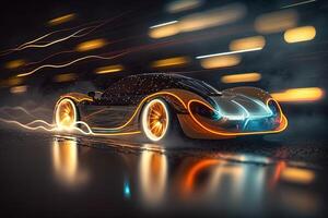 hyper car neon background . Streamline test over the modern car design, diffuse plastic optic, some glowing contours illuminate the car details, dark scene, cinematic lightning photo