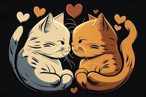 Cat love. Cat couple hugging, cuddling and kissing. Two cute cat kittens in love holding red heart on Valentines Day. photo