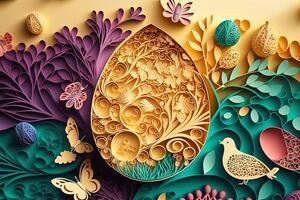 paper cut quilling multi dimensional easter egg in easter celebration, a lot of egg and small rabbit in background. Spring concept. photo