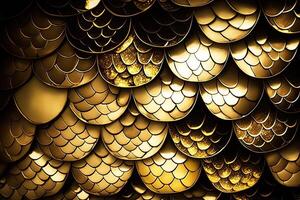 Dragon scales background - gold shining shells . Simple background made of dragon scale armor illustration . photo