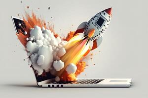 Rocket coming out of laptop screen, white background. AI digital illustration concept of ideas and start up. photo