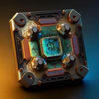 a quantum chip, A futuristic glowing CPU quantum computer processor. Digital chip with HUD elements. Futuristic microchip processor. Modern CPU illustration . Central Computer Processors photo