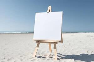 White blank artist frame on a small wooden easel on summer sea beach background with copy space. Advertising mockup artboard for pictures or artwork. Painting frame template banner. photo