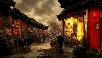 Ancient Chinese village, Chinese New Year, peach flower blossom, multi firework in the sky, bustling market, withered trees. Happy new year concept. Generate AI photo