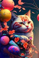 abstract design chinese new year cute cats with spring colors, surreal fantasy, peach flower. Happy new year concept 2023. Year of Cat. Lunar new year photo