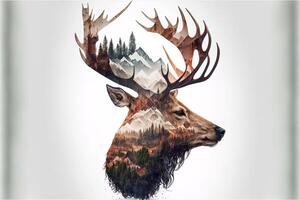 Double exposure of a deer and jungle on white background. Camping concept. Vintage Grizzly for t-shirt design, sticker, poster, and wallpaper. Adventure deer illustration photo