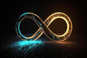 glowing neon infinity symbol in the night. . Infinity, eternity, infinite, endless, loop symbols. photo