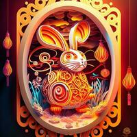 Paper cut quilling multidimensional chinese style cute zodiac rabbit with lanterns, blossom peach flower in background, chinese new year. Lunar new year 2023 concept photo