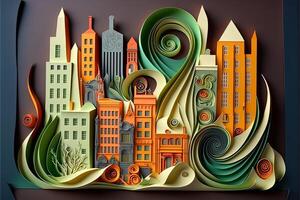 paper quilling style urban design. Multidimensional paper quilling craft illustration a small city. photo