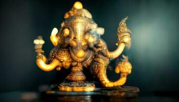 focus on statue of Lord Ganesha, Ganesha Festival. Hindu religion and Indian celebration of Diwali festival concept on dark, red, yellow background and bokeh around photo