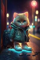 juguete linda gato en ropa chaqueta y zapatillas en calle antecedentes con neón Encendiendo, generativo ai foto