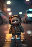 juguete linda gato en ropa chaqueta y zapatillas en calle antecedentes con neón Encendiendo, generativo ai foto