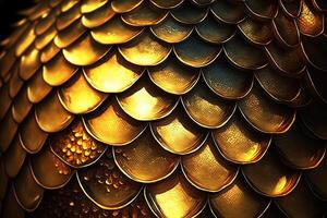 Dragon scales background - gold shining shells . Simple background made of dragon scale armor illustration . photo