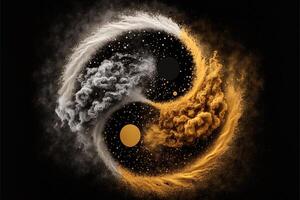 Golden and black yin yang symbol with floating powder on black background. abstraction, Buddhism, Hinduism, symbol, religion, balance concept. photo