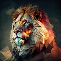 generativo ai ilustración de creativo de león hecho de vistoso geométrico formas en antecedentes. líder, coraje, fuerte y corajudo, majestuoso león foto