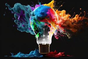 illustration of colorful bulb with splash of colors on black background. Creativity, eureka, imagination, inspiration. . Idea and solution concept photo