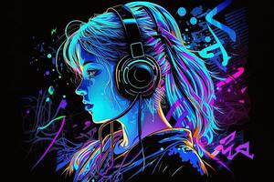 an neon gamer anime fashion girl or woman wearing headphones, lost in her music. abstract background that evokes the feeling of different genres of music. banner music concept photo