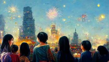 Asian family watching firework and celebrating together. Happy new year by painting. photo