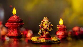 focus on statue of Lord Ganesha, Ganesha Festival. Hindu religion and Indian celebration of Diwali festival concept on dark, red, yellow background and bokeh around photo