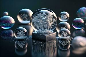 Christmas white decorations on snow with fir tree branches. Winter Decoration Background. Focus of tiny liquid mirror balls falling from the sky , each containing a tiny perfect city inside photo