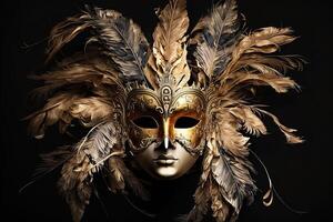 Venetian carnival mask. Gold color, colored feathers. Happy carnival festival, attributes of the Brazilian carnival. Venetian carnival mask and beads decoration. Mardi gras background. photo