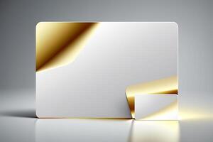 a white card for mockup, horizontal rectangular with rounded corner shapes, front view, stunning light, studio light, reflexion of hundred fine lines of gold reflection, white background photo