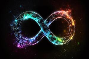 glowing neon infinity symbol in the night. . Infinity, eternity, infinite, endless, loop symbols. photo