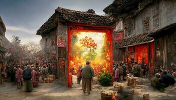 Ancient Chinese village, Chinese New Year, peach flower blossom, multi firework in the sky, bustling market, withered trees. Happy new year concept. Generate AI photo