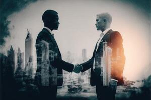 The double exposure image of two business man shaking hand with cityscape image. The concept of modern life, business, city life and internet of things. photo