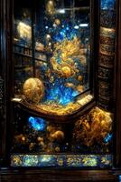 Interior of Magic Library, ornamental glass window, shattered golden nebula, shattered crystals. image of a colorful library of magic, with a large stained glass colorful window photo