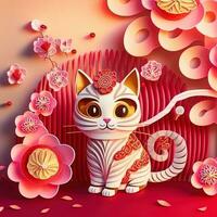 Paper cut quilling multidimensional chinese style cute zodiac cat with lanterns, blossom peach flower in background, chinese new year. Lunar new year 2023 concept photo