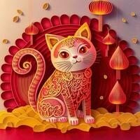 Paper cut quilling multidimensional chinese style cute zodiac cat with lanterns, blossom peach flower in background, chinese new year. Lunar new year 2023 concept photo