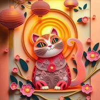 Paper cut quilling multidimensional chinese style cute zodiac cat with lanterns, blossom peach flower in background, chinese new year. Lunar new year 2023 concept photo