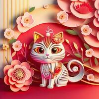 Paper cut quilling multidimensional chinese style cute zodiac cat with lanterns, blossom peach flower in background, chinese new year. Lunar new year 2023 concept photo