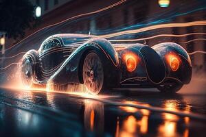 hyper car neon background . Streamline test over the modern car design, diffuse plastic optic, some glowing contours illuminate the car details, dark scene, cinematic lightning photo