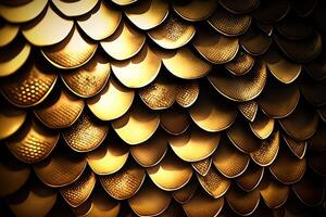 Dragon scales background - gold shining shells . Simple background made of dragon scale armor illustration . photo