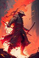 un samurai en un demoníaco rojo máscara en el campo de batalla hace un columpio con un katana creando un candente fuego anillo alrededor, él es un místico marcial. ilustración pintura ai generativo foto